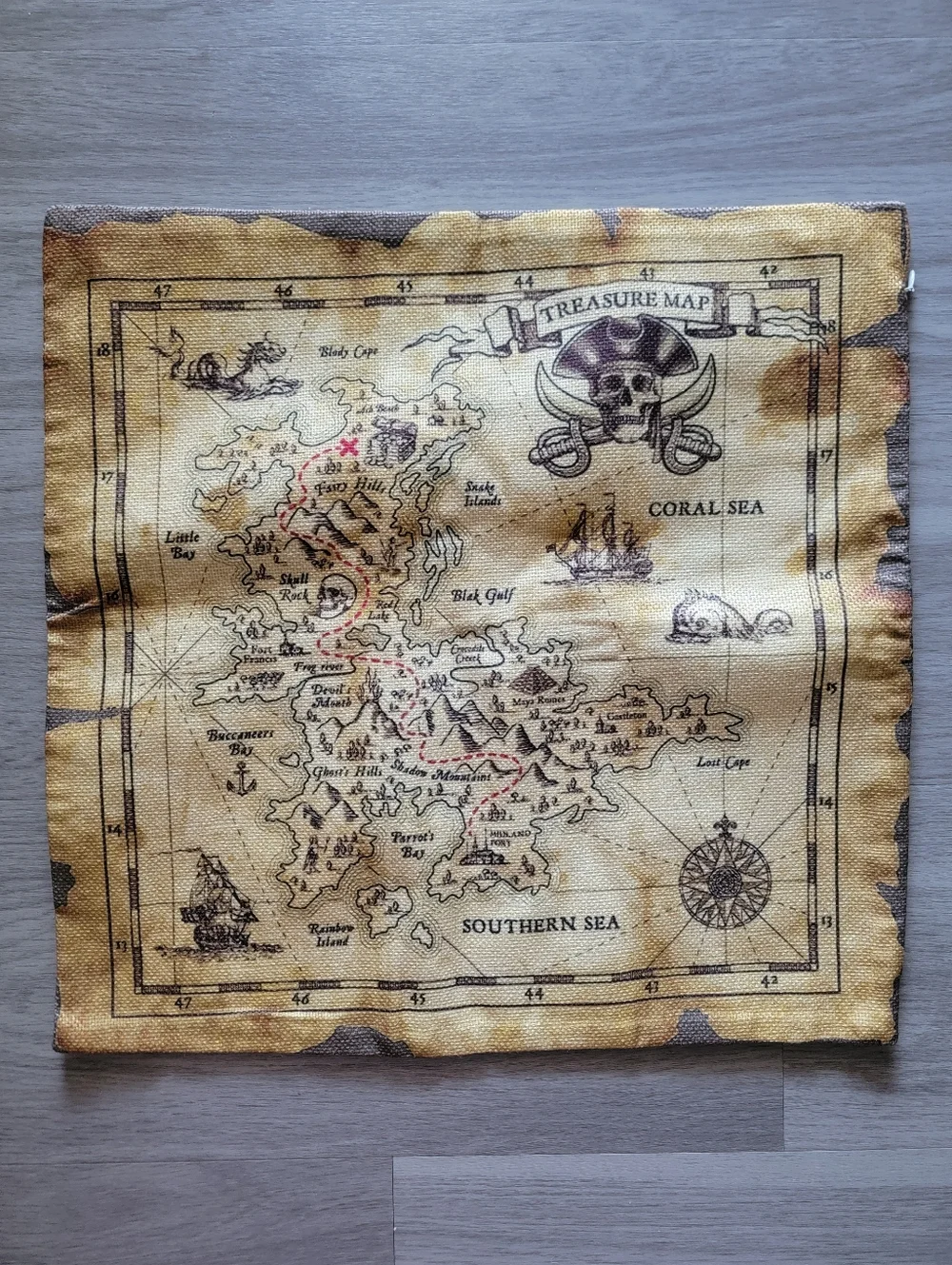Vintage-Style Pirate Treasure Map Pillow Cover - Yellow Brown Skulls